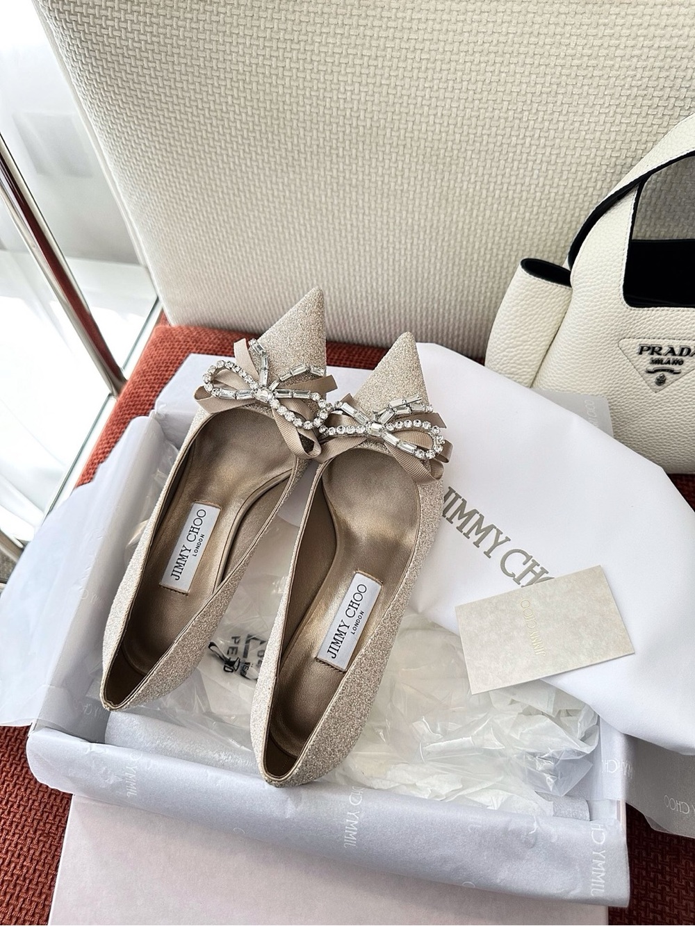 Jimmy Choo Champagne Glitter Pointed-Toe Pumps with Crystal Bow - Picture 5 of 8